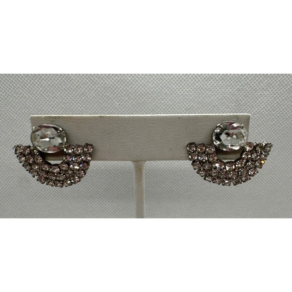 Vintage Rhinestone Silver Tone Semi Circle Stud Dangle Pierced Earrings Retro - Picture 3 of 7